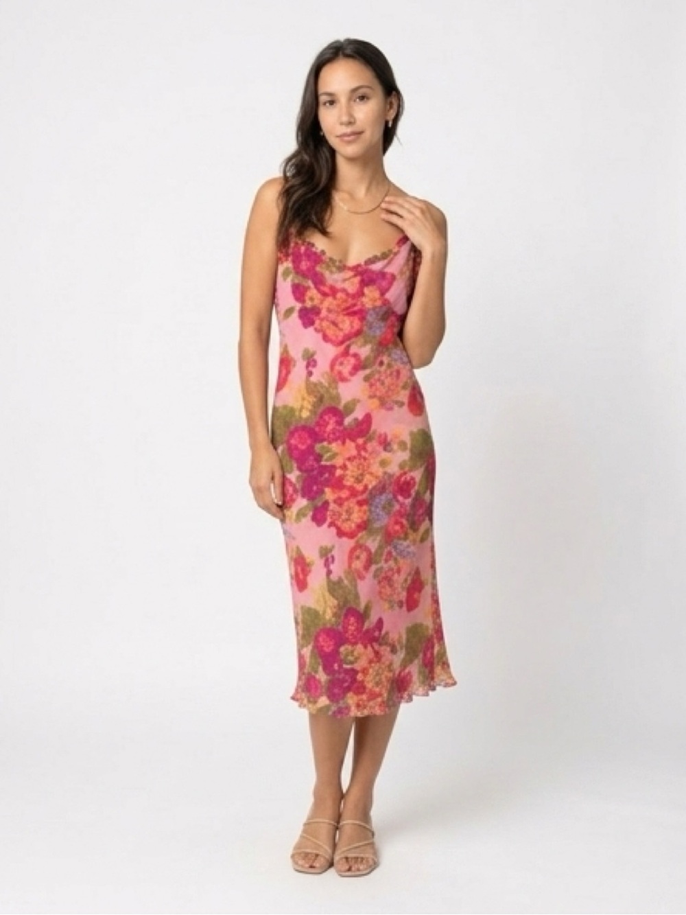 #141 Mica vintage brand SILK Pink Floral Slip Midi Dress with Ruffle Hem